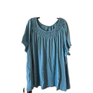 Woman Within 34/36 4X Braided Fabric Neck Short Sleeve Top Flutter Sleeve Teal